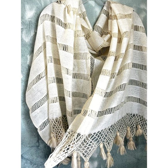 Bohemian Semi-Sheer Lacy Long Scarf Shawl Wrap Fringe Ivory Off-White - Picture 2 of 14